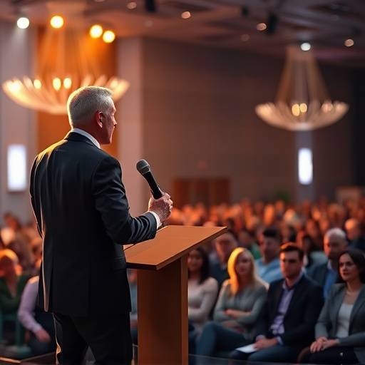 Action shot of a keynote speaker presenting at a corporate conference, capturing the audience's attention.