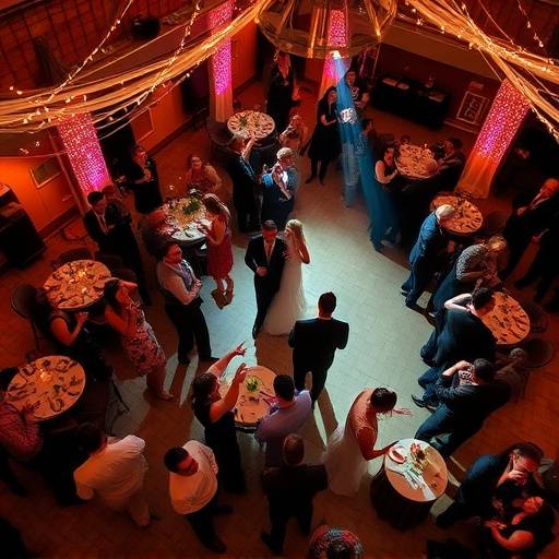 Aerial view of a wedding reception with guests dancing under the lights.