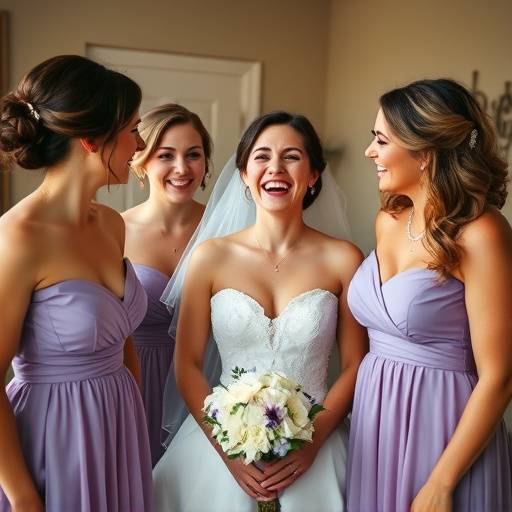 Candid shot of the bride laughing with her bridesmaids during the pre-wedding preparations.