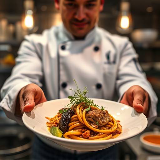 Close-up shot of a chef presenting a gourmet dish in a restaurant kitchen.