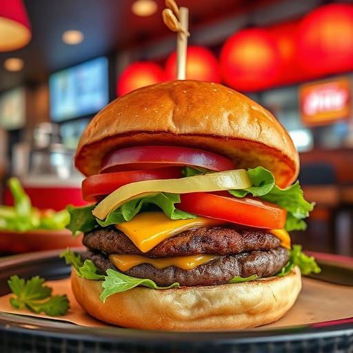 Close-up shot of a gourmet burger with all the fixings, styled in a restaurant setting.