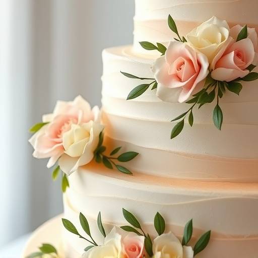 Detailed shot of the wedding cake, adorned with flowers and elegant decorations.