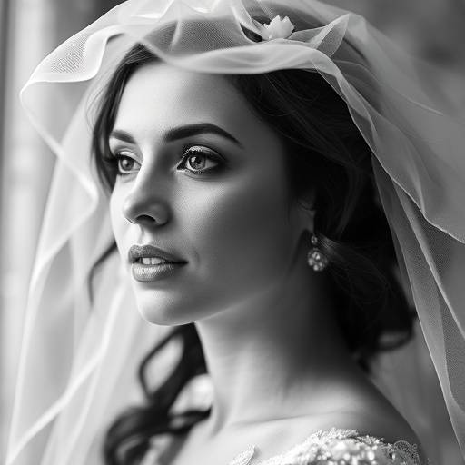Elegant black and white portrait of a bride in a veil.