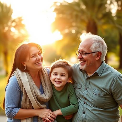 Family portrait of a mother, father, and two children posing in a park during autumn.