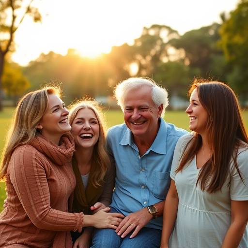 Family portrait of a mother, father, and two children laughing together in a park.