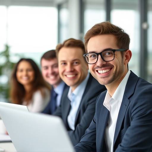 Group of business professionals smiling in a modern office setting.