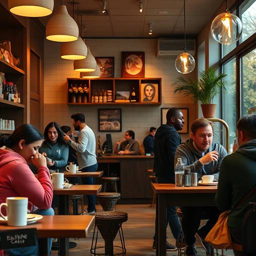 Interior shot of a cozy cafe with customers enjoying coffee and pastries.