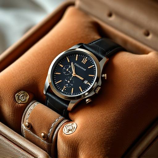 Product shot of a luxury watch displayed on a velvet cushion, showcasing its intricate details.