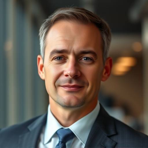 Professional headshot of a businessman in a suit against a blurred office background.